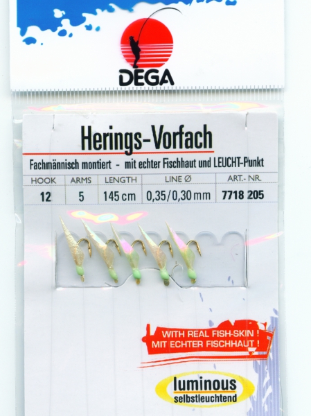 10 Stück DEGA Heringsvorfach MINI echte Fischhaut 5 Haken #12 Leuchtpunkte